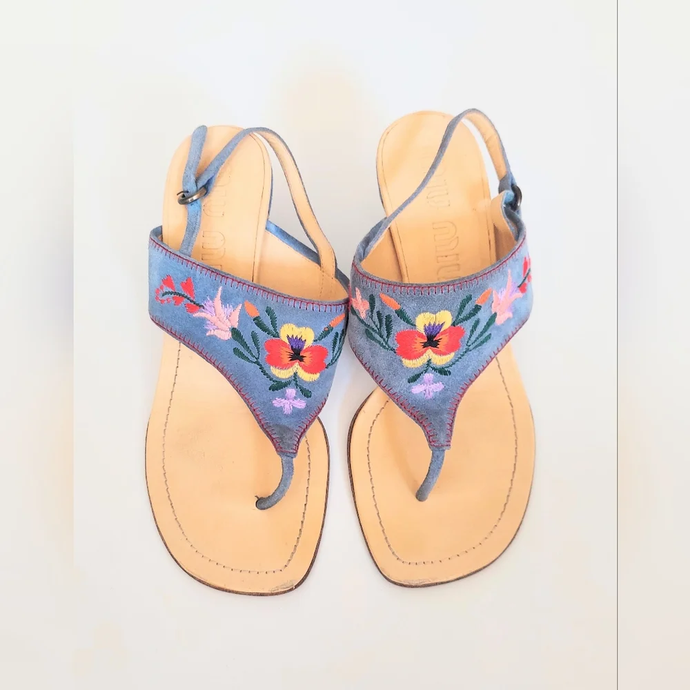 Miu Miu Embroidered Blue Suede Block Heel Sandals Size US 5.5 EU 35.5